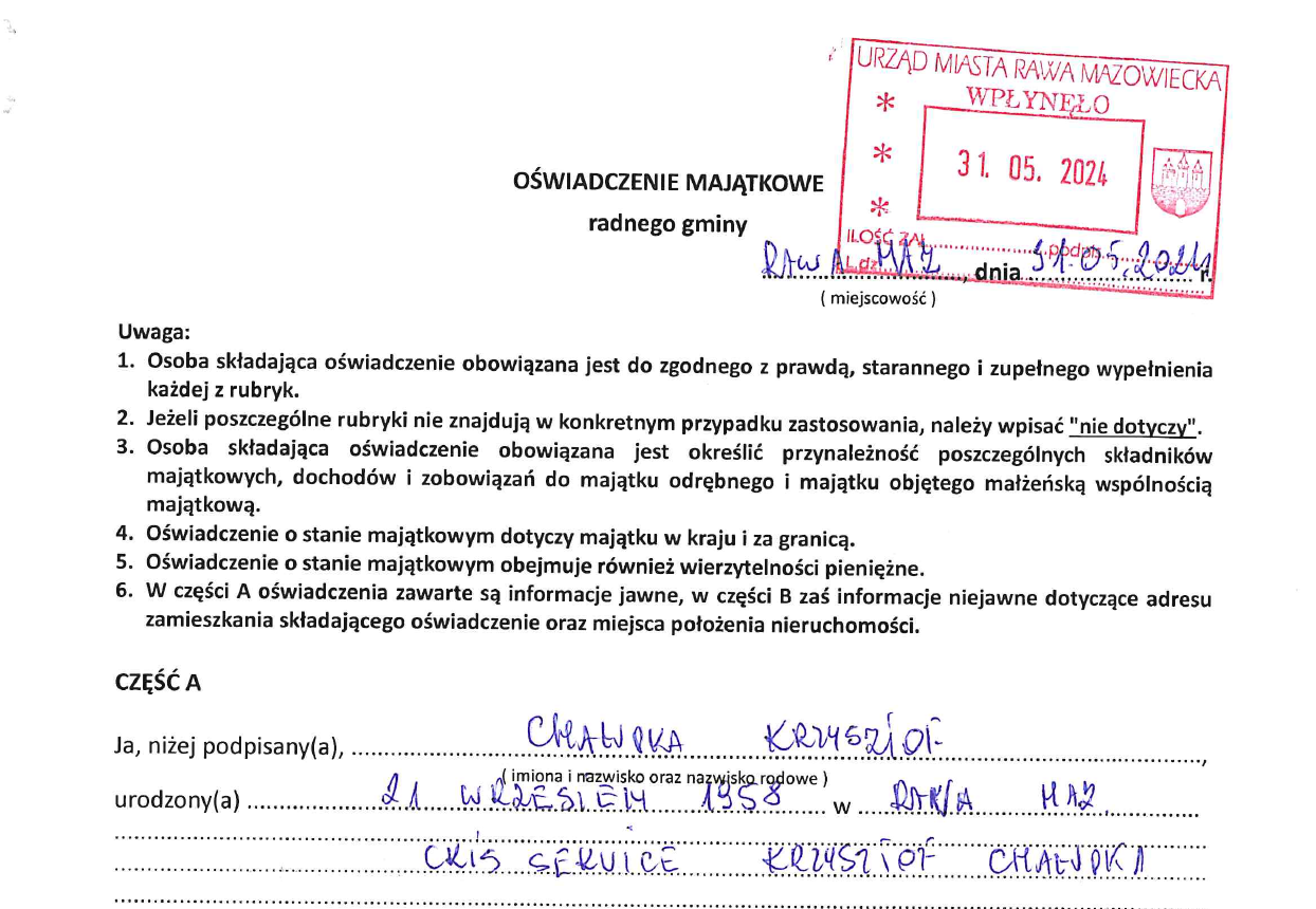 Nagłówek oświadczenia majątkowego Krzysztofa Chałupki, radnego Rawy Mazowieckiej