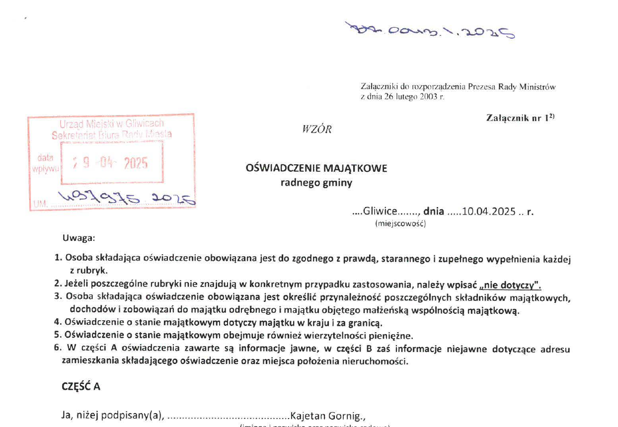 Nagłówek oświadczenia majątkowego Kajetana Gorniga, radnego Rady Miasta Gliwice
