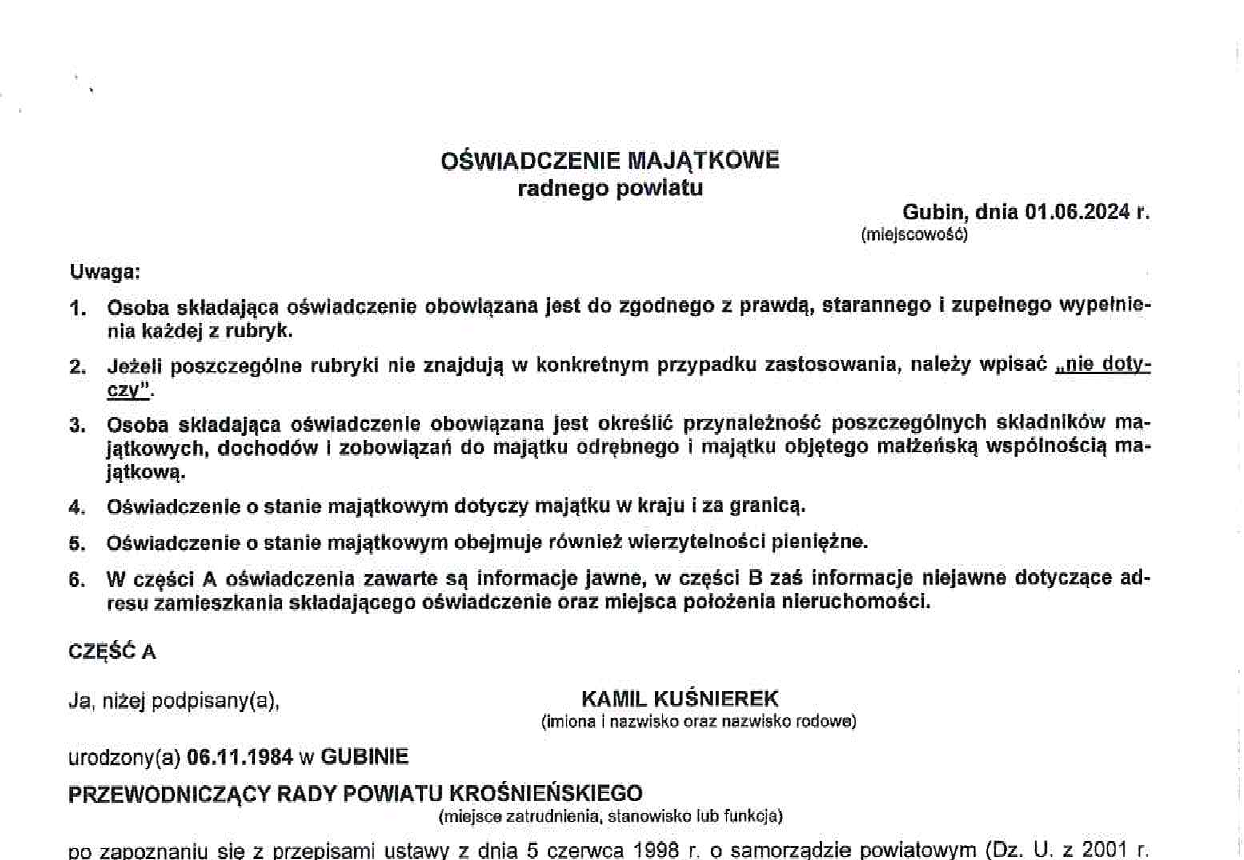 Nagłówek oświadczenia majątkowego Kamila Kuśnierka, przewodniczącego Rady Powiatu Krośnieńskiego