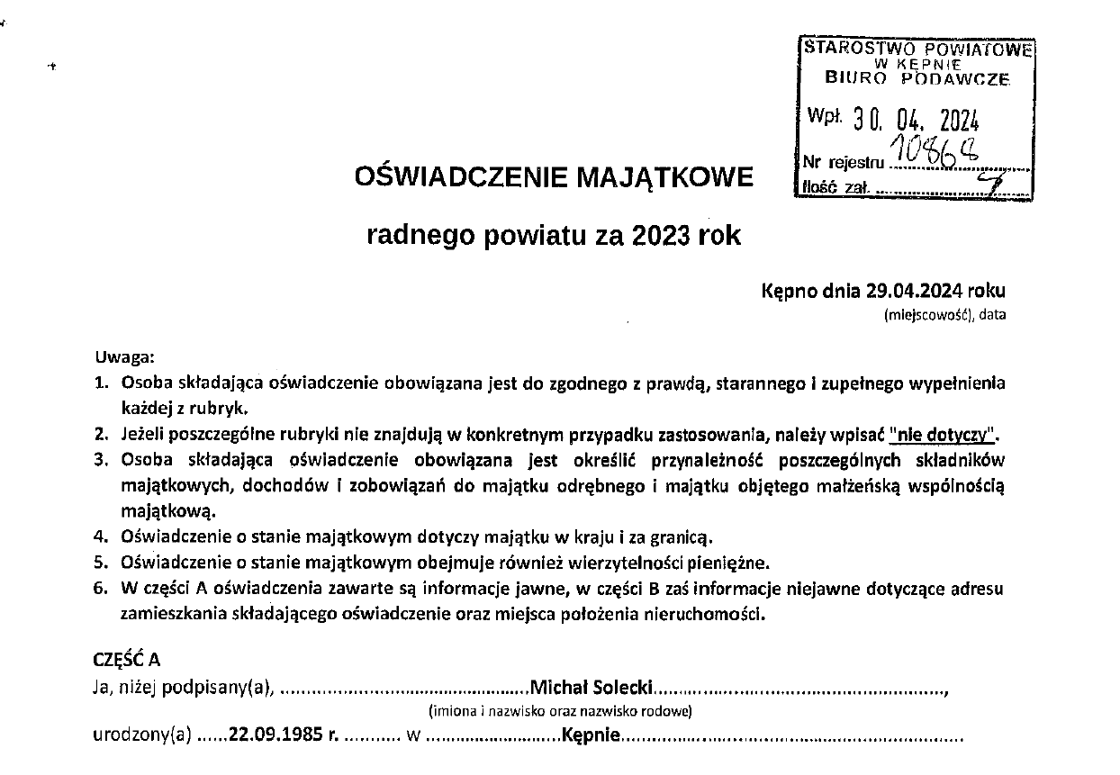Nagłówek oświadczenia majątkowego Michała Soleckiego, radnego powiatu kępińskiego