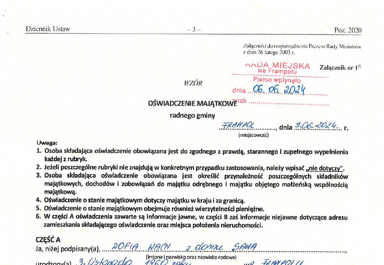 Nagłówek oświadczenia majątkowego Zofii Wach, radnej Rady Miejskiej we Frampolu